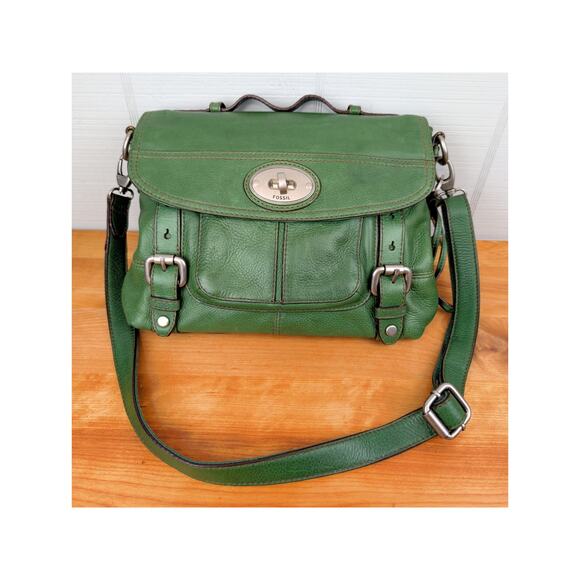 Fossil Long Live Vintage Maddox Crossbody Purse Green Genuine Leather Key Charm - Picture 1 of 16